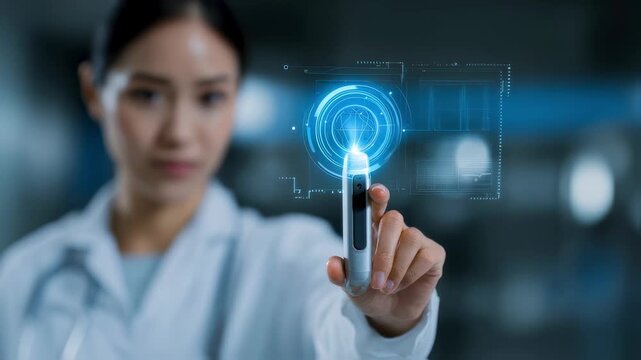 Health professional capturing UDI data from a compact medical sensor highlighting device identification process with blurred environment.