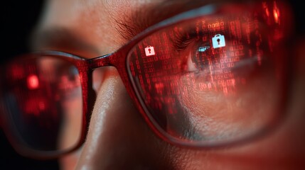 Intense gaze through red-tinted glasses reflecting digital code and security icons, symbolizing data analysis and cybersecurity vigilance
