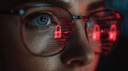 Intense focus on digital security as a glowing red padlock and binary code reflect in glasses, symbolizing data protection and cybersecurity vigilance