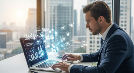 Focused businessman in a suit working on a laptop displaying financial charts and data with a city skyline visible through the window representing business growth and technology