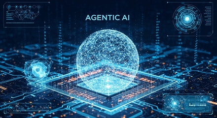 Futuristic digital brain hologram representing artificial intelligence and advanced technology on a glowing circuit board with data streams and futuristic interfaces