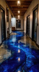 A stunningly detailed epoxy floor, showcasing a captivating blend of deep blue hues and shimmering metallic accents, creates a dramatic and modern interior design.