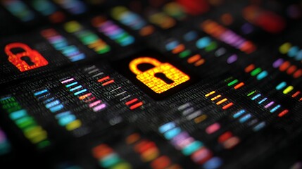 Secure digital data protection concept with glowing padlock symbols on abstract binary code background, representing cybersecurity and network safety.