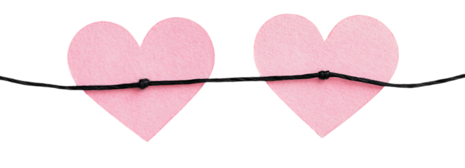 Two pink paper hearts tied with knots onto a black string against a black background graphic design isolated on a transparent background