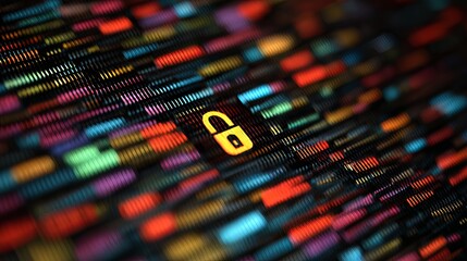Vibrant digital security concept with glowing padlock symbol amidst abstract colorful data streams, representing cybersecurity and protection.