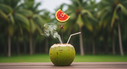 Refreshing green coconut water with a slice of grapefruit and smoke rising set against a tropical palm tree forest background evoking a sense of exotic vacation and healthy hydration