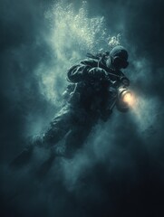 Diver Exploring Underwater Depths With Flashlight in Dark, Mysterious Environment