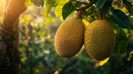 Two large jackfruits ripen on a tree branch bathed in warm sunlight, surrounded by lush green foliage.