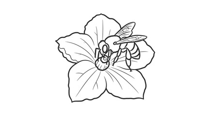 bee on flower, line art, nature, insect, pollination, spring, summer, black and white, sketch, drawing, simple, elegant, botanical illustration