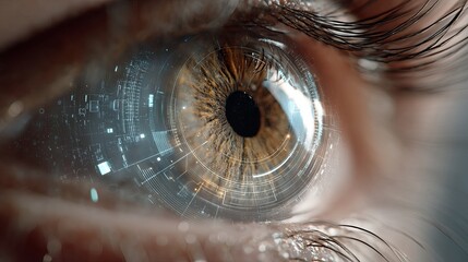 Stunningly detailed human eye merged with futuristic digital interface, representing advanced technology and vision