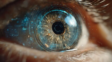 Stunning macro view of human eye blended with futuristic digital interface, symbolizing advanced technology and vision.