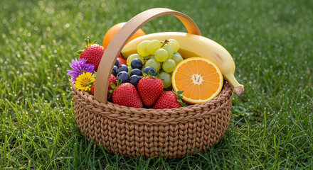 A woven basket overflowing with a vibrant assortment of fresh ripe fruits and colorful flowers rests on a lush green grassy lawn evoking a sense of abundance and natural beauty