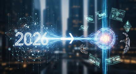 Futuristic digital representation of the year 2026 with glowing neon numbers and abstract technological elements symbolizing progress and innovation in the digital age
