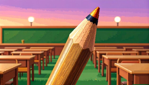 Enormous pencil stands tall in a pixelated classroom with desks and board
