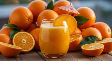 A refreshing glass of freshly squeezed orange juice sits on a wooden surface surrounded by ripe whole and sliced oranges creating a vibrant and healthy still life
