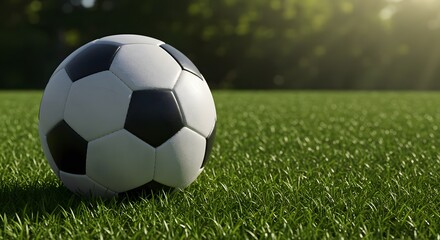 Naklejka premium A soccer ball sits on a lush, green grass field, bathed in sunlight, ideal for sports or recreational concept