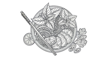 Detailed line art depiction of a culinary masterpiece: Asian noodle soup with meat