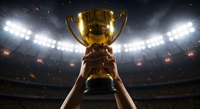 Hands proudly raise a trophy into the air with dramatic lighting, signifying triumph and glory