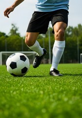 Obraz premium Close-up of a football player's legs and a football on a green field, ready for action