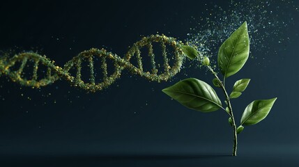 Organic DNA helix transforming into vibrant green leaves, symbolizing life, growth, and scientific innovation in a dark, abstract setting