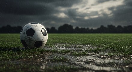 A solitary soccer ball rests on a rain-soaked field beneath a dramatic, overcast sky. The scene captures the raw essence of the game amid challenging weather conditions