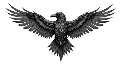 Intricate raven tattoo design, detailed black ink line art, gothic and mystical style