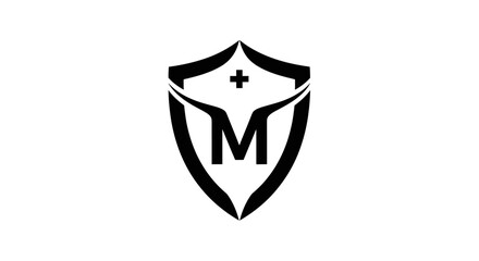 Modern shield logo template featuring letter M and cross symbol for health care company
