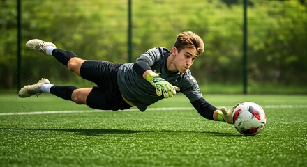 A goalkeeper diving to save a soccer ball during a game