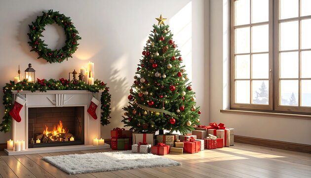 Cozy Christmas interior scene with a fireplace and tree