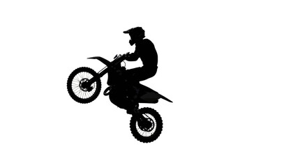 Fototapeta premium Silhouette of a motocross rider performing a wheelie against a white backdrop extreme sport