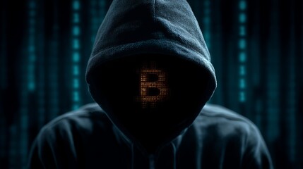 Mysterious hooded figure with glowing Bitcoin symbol formed from binary code, representing cryptocurrency security and digital finance threats