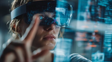 Futuristic businesswoman intensely focused while interacting with holographic data in a modern tech environment, exploring virtual reality.