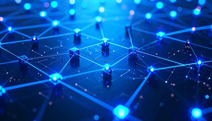 Obraz premium Close-up shot of a glowing blue neural network diagram with interconnected nodes and flowing digital pathways representing big data