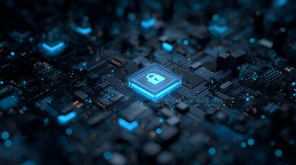 Secure digital network protection with glowing padlock symbol on futuristic circuit board, symbolizing cybersecurity and data privacy.