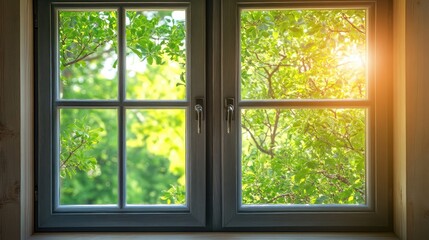 A window with a view of trees and a sun shining through it