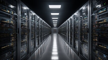 Illuminated server room hallway with rows of glowing computer racks creating a modern, high-tech data center atmosphere for innovation and digital infrastructure concepts