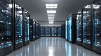 Gleaming server racks with vibrant blue lights illuminate a modern data center hallway, signifying advanced technology and information processing.
