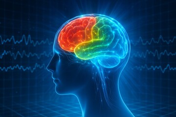 Colorful neural brain activity in 3d illustration with eeg waves