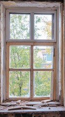 A window with a view of trees and buildings