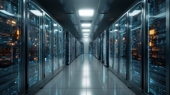 Illuminated modern data center server room with glowing blue and orange lights, a futuristic technological hub of information and processing power.
