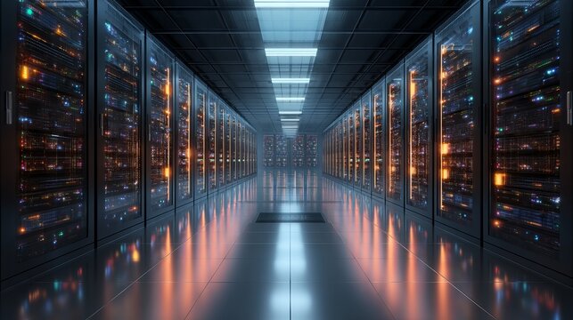 Gleaming server room corridor with rows of illuminated data racks, showcasing modern technology and digital infrastructure for global connectivity