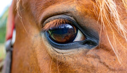Close-up captivating portrait showcases the brown horse's mesmerizing eye detail