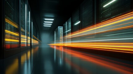Dynamic server room with vibrant light streaks symbolizing rapid data transfer and futuristic technology in a modern datacenter environment
