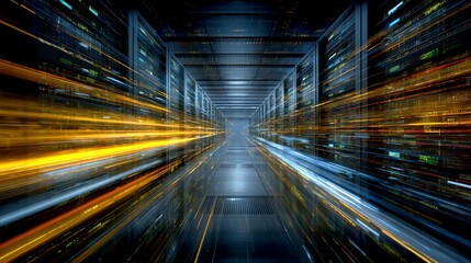 Fototapeta premium Immersive data center tunnel with vibrant streaks of light conveying rapid information flow and technological advancement