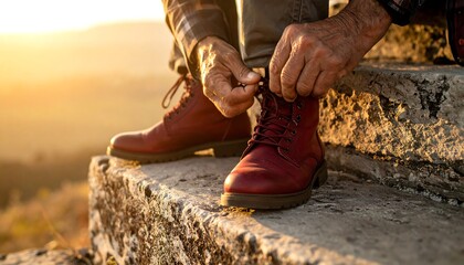 Senior man tying shoelaces on red leather boots outdoors in golden light
