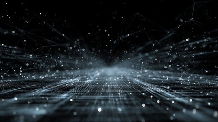 Dynamic abstract network visualization with glowing particles and digital grid, representing futuristic data flow and global connectivity
