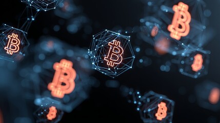 Dynamic glowing Bitcoin symbols float within futuristic digital network structures, representing decentralized finance and cryptocurrency innovation.