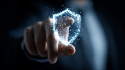 Protecting digital assets with a glowing futuristic shield interface activated by a human finger touching a virtual screen