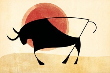 Minimalist bull silhouette on textured background with red circle