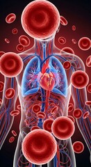 Human circulatory system with red blood cells heart lungs and veins in a transparent body